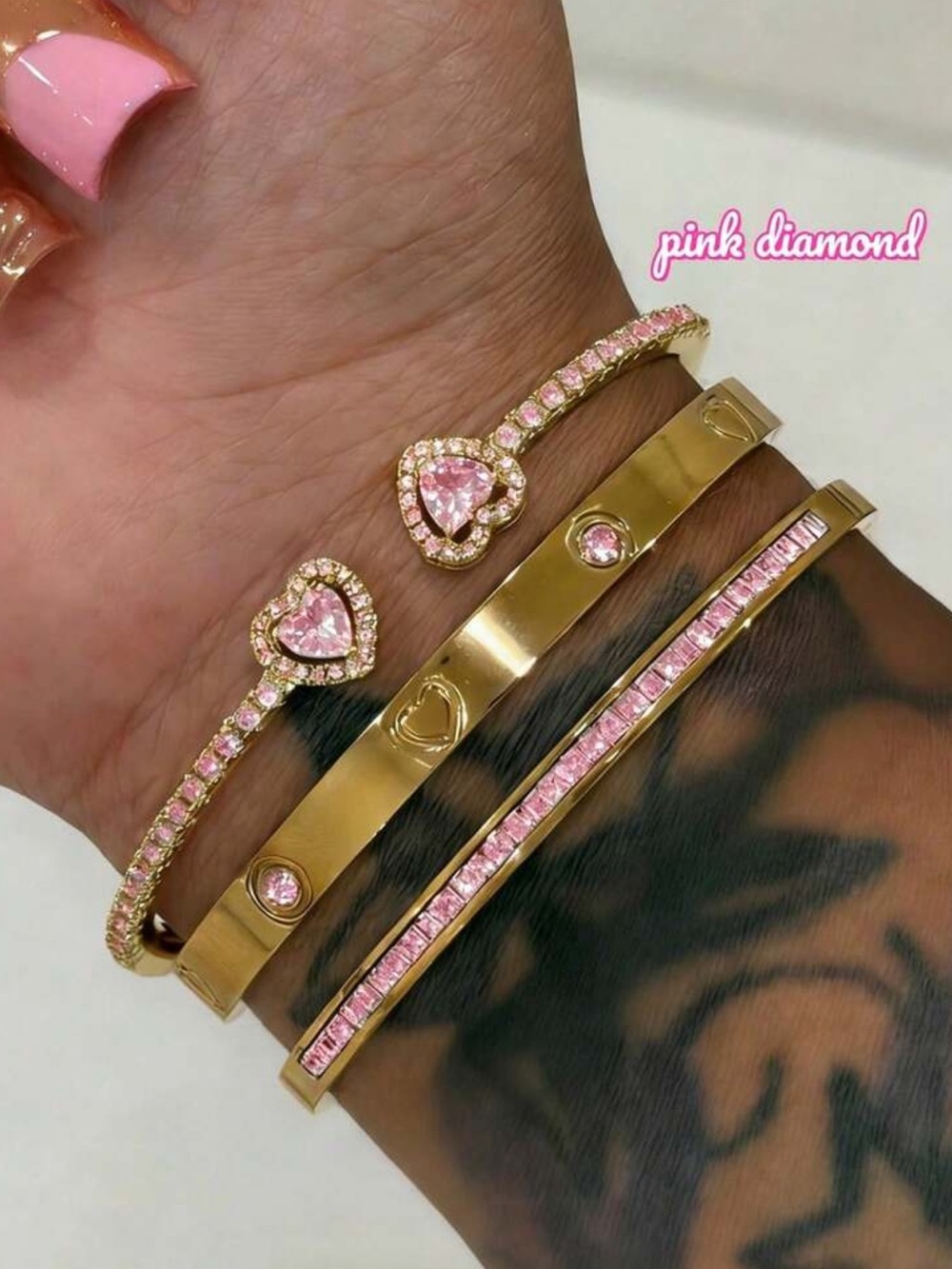 Gold-Tone Pink Crystal Heart Cuff Bracelet Set